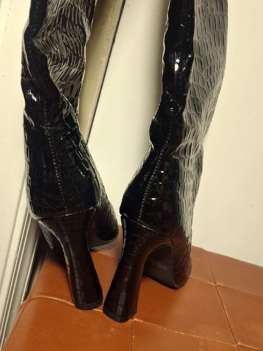 Forever 21 Black Patent Croc-Embossed Knee Boots - Women's Heeled Fashion Boots - Picture 4 of 5
